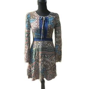 Solemio Bohemian Long Sleeve Embroidered Floral Print Mini Dress Size Small New